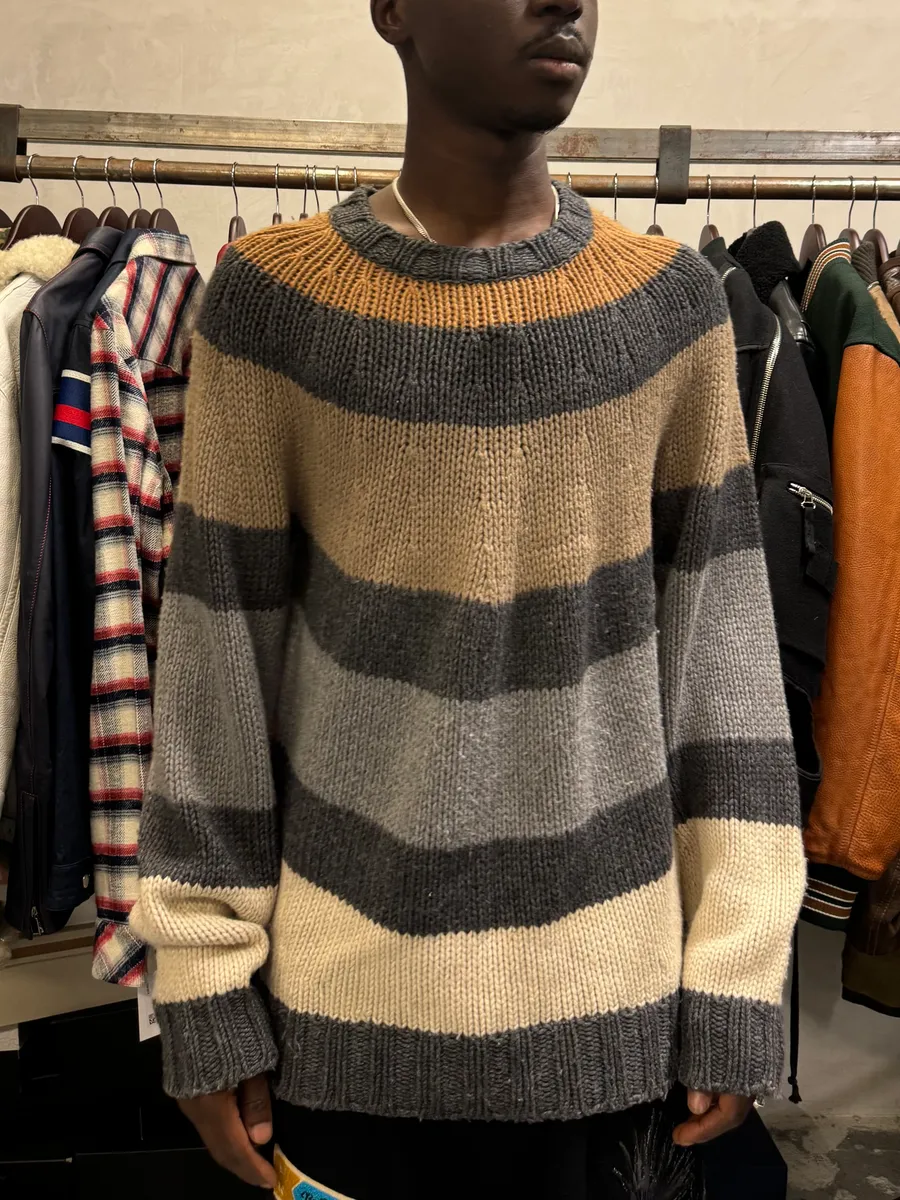 2000s Dolce & Gabbana Orange Grey Beige Lines Wool Sweater - Image 2