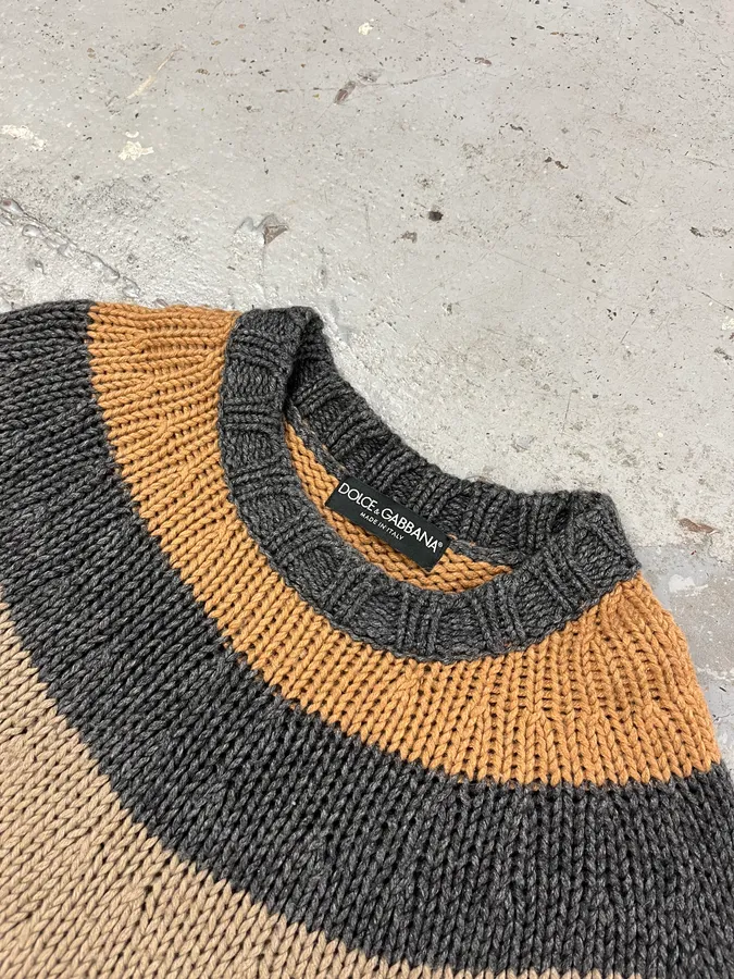2000s Dolce & Gabbana Orange Grey Beige Lines Wool Sweater - Image 5