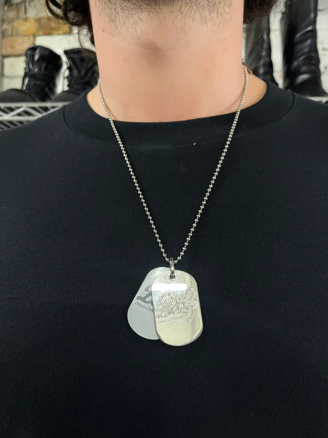 2000s Dolce & Gabbana Pave Dog Tags Ball Chain Necklace - Image 2