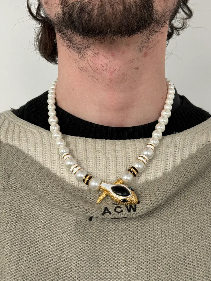 2000s Dolce & Gabbana Pearl Snake Gold Abstract Necklace - Image 2