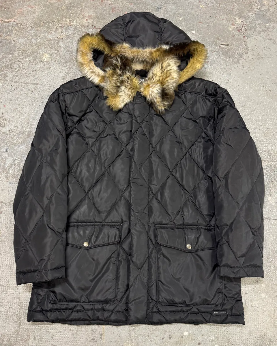 2000s Dolce & Gabbana Puffer Hooded Fur Black Jacket