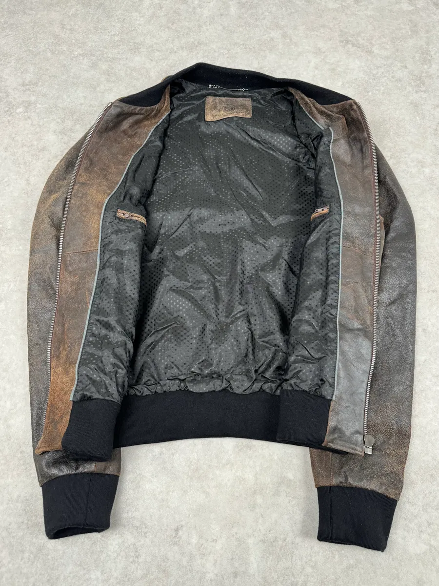 2000s Dolce & Gabbana Raw Brown Leather Bomber Jacket - Image 9