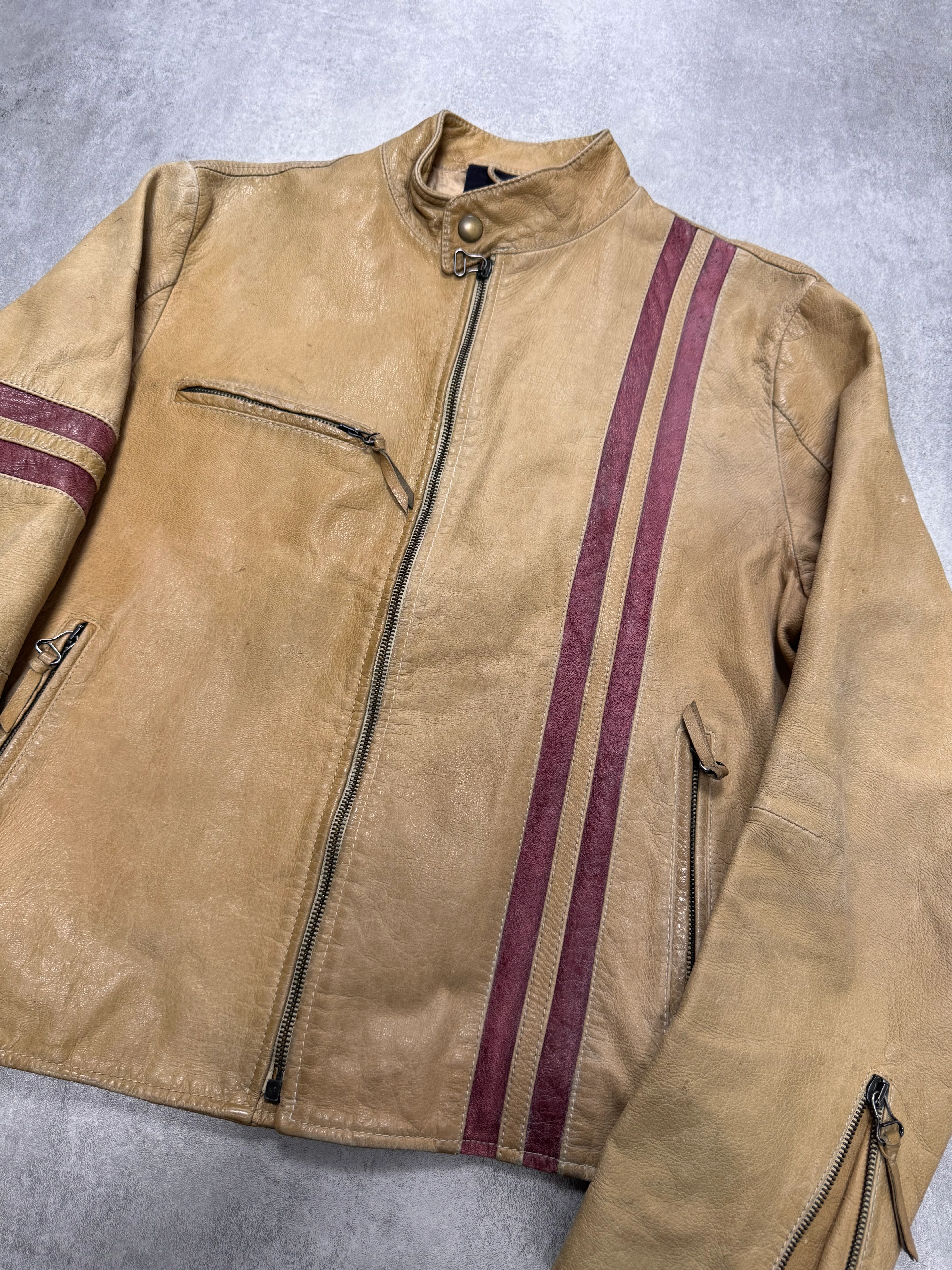 2000s Dolce & Gabbana Red Stripes Beige Leather Biker Jacket - Image 2