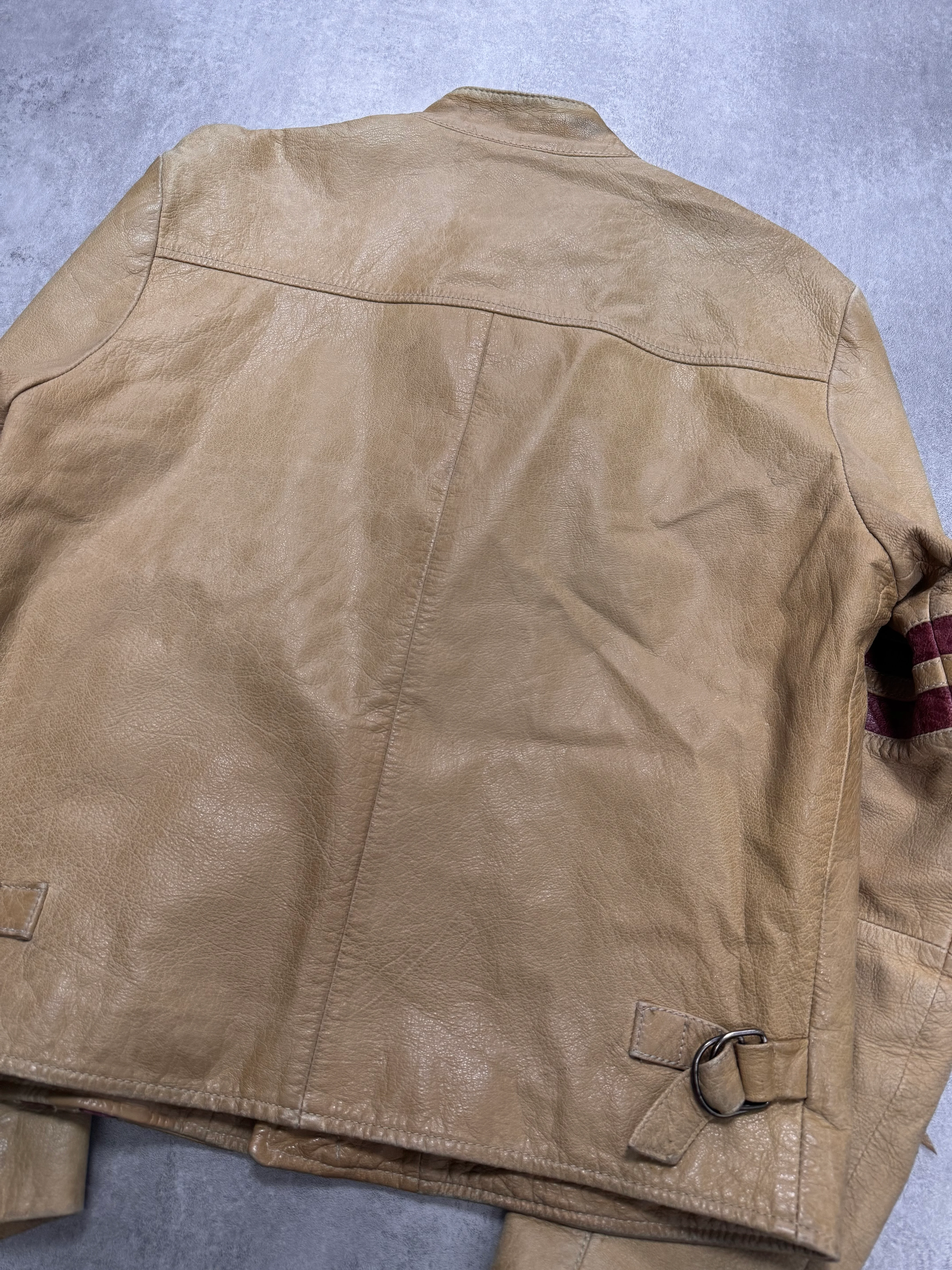 2000s Dolce & Gabbana Red Stripes Beige Leather Biker Jacket - Image 7
