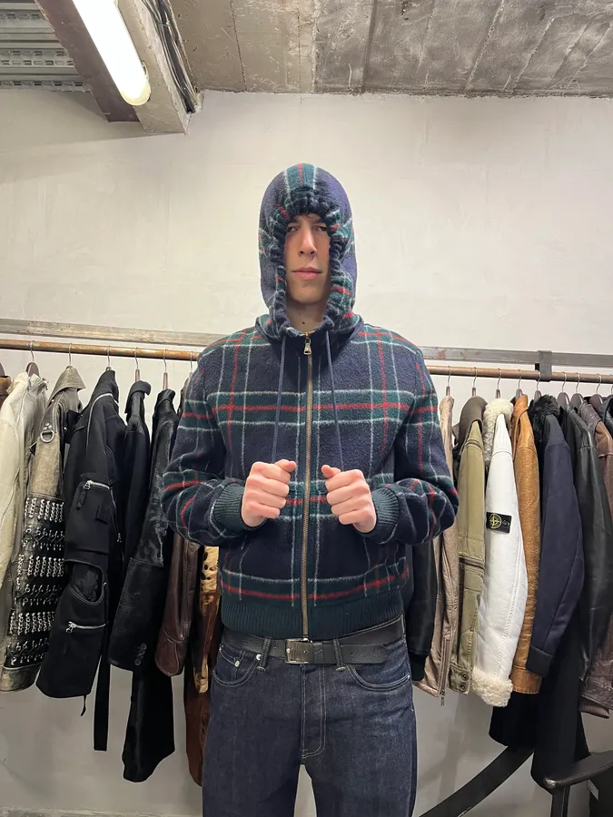 2000s Dolce & Gabbana Shearling Zip-up Tartan Wool Sweater Jacket - Image 11