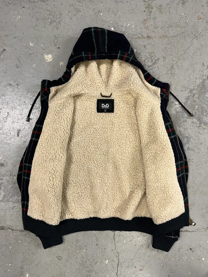 2000s Dolce & Gabbana Shearling Zip-up Tartan Wool Sweater Jacket - Image 3