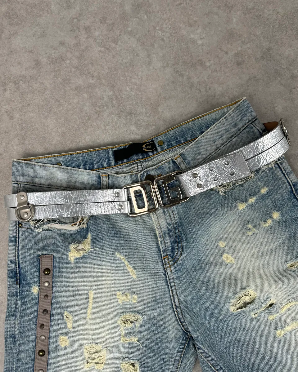 2000s Dolce & Gabbana Silver Grey Leather Buckle Belt