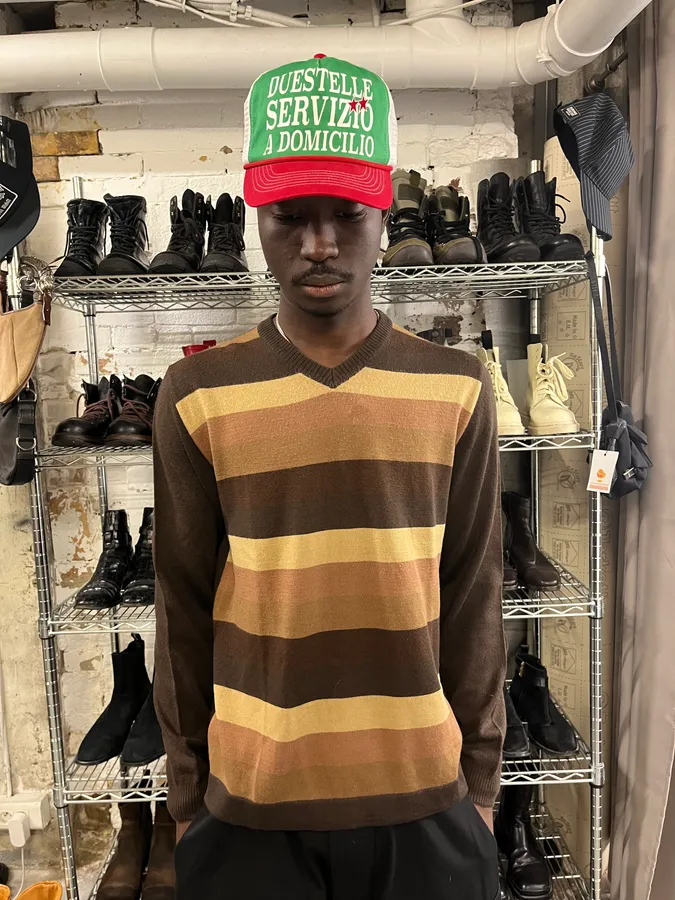 2000s Dolce & Gabbana Stripes V-Neck Brown Sweater - Image 2
