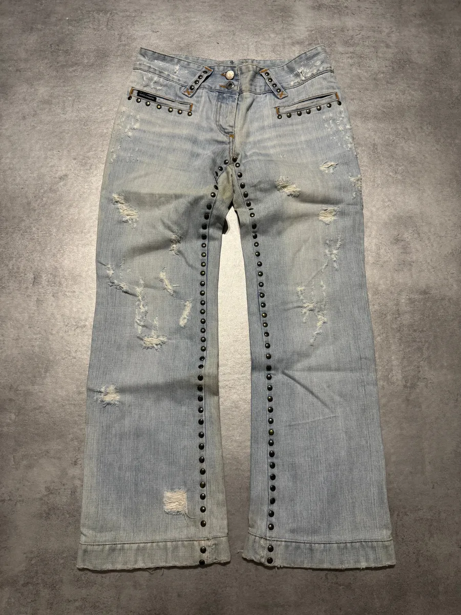 SS2006 Dolce & Gabbana Studded Wolfes Distressed Denim Jeans