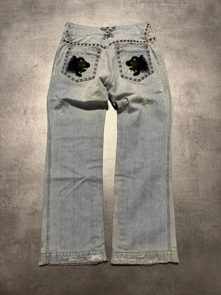 SS2006 Dolce & Gabbana Studded Wolfes Distressed Denim Jeans - Image 2