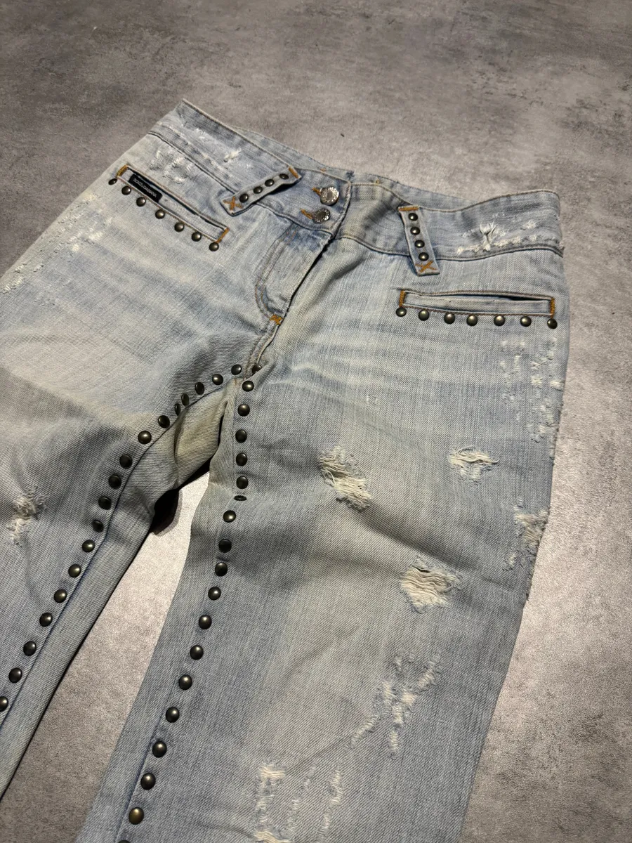 SS2006 Dolce & Gabbana Studded Wolfes Distressed Denim Jeans - Image 3