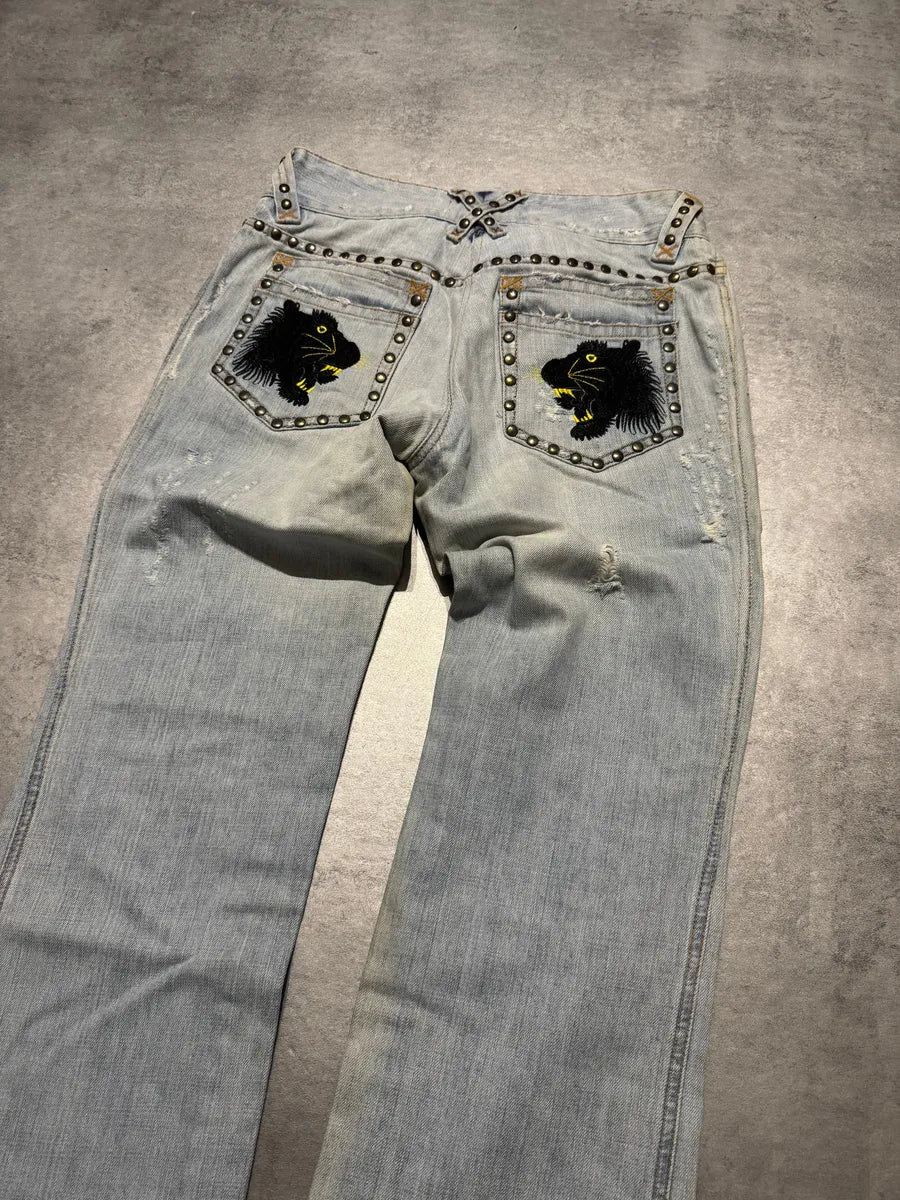 SS2006 Dolce & Gabbana Studded Wolfes Distressed Denim Jeans - Image 4