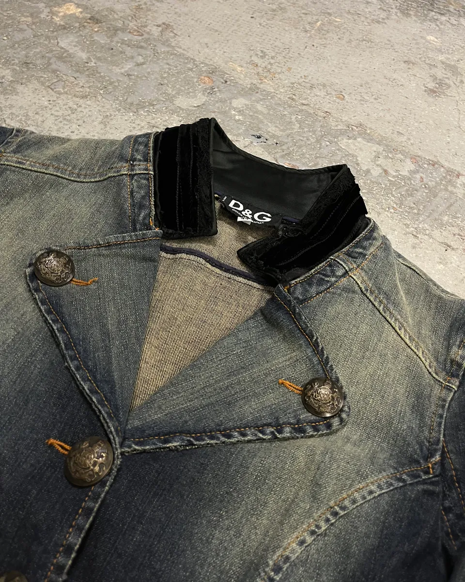 2000s Dolce & Gabbana Velvet Denim Blue Blazer Jacket - Image 5