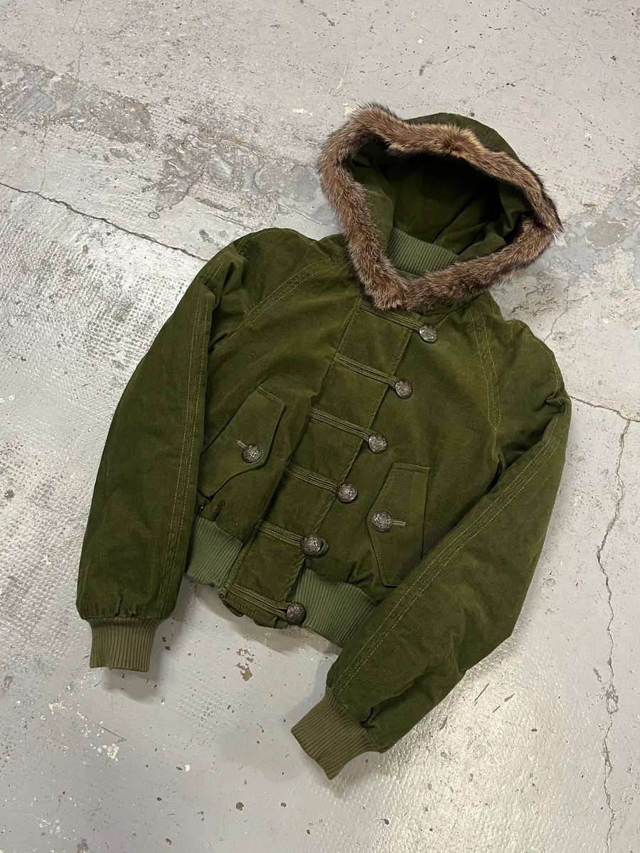 2000s Dolce & Gabbana Velvet Officer Green Buttoned Fur Hooded Jacket - Image 4