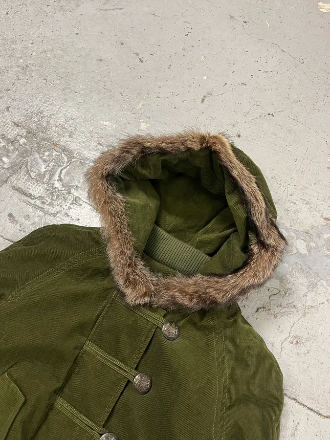 2000s Dolce & Gabbana Velvet Officer Green Buttoned Fur Hooded Jacket - Image 5