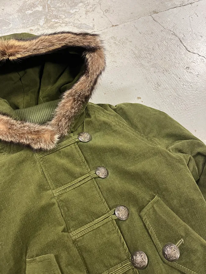 2000s Dolce & Gabbana Velvet Officer Green Buttoned Fur Hooded Jacket - Image 6