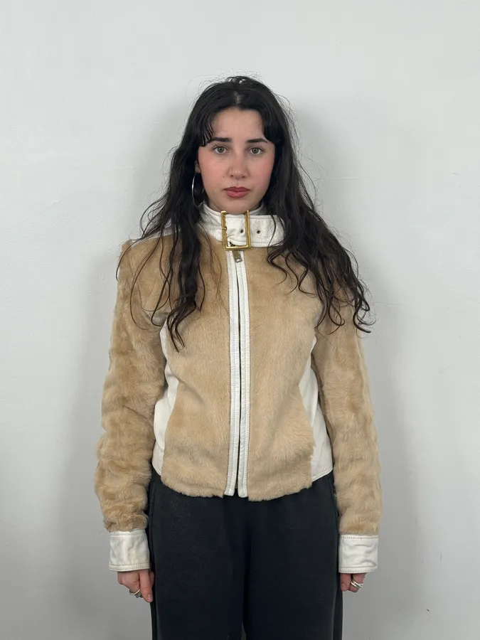 2000s Dolce & Gabbana White & Beige Fur Biker Leather Jacket - Image 2