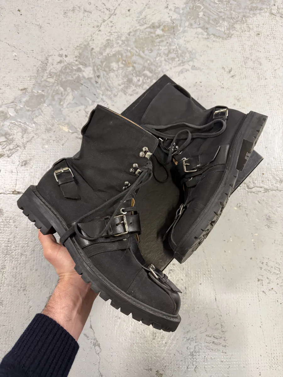 2000s Dries Van Noten Stras Combat Black Leather Boots