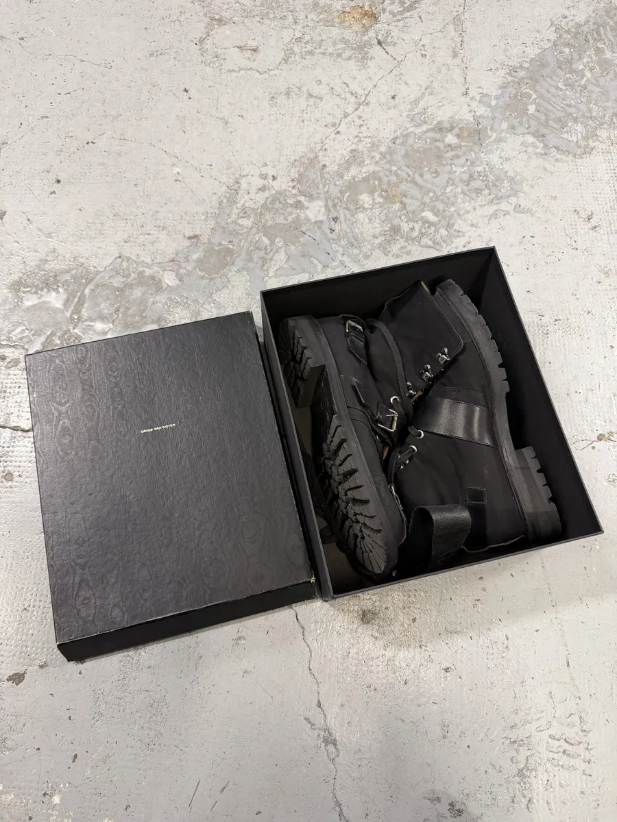 2000s Dries Van Noten Stras Combat Black Leather Boots - Image 6