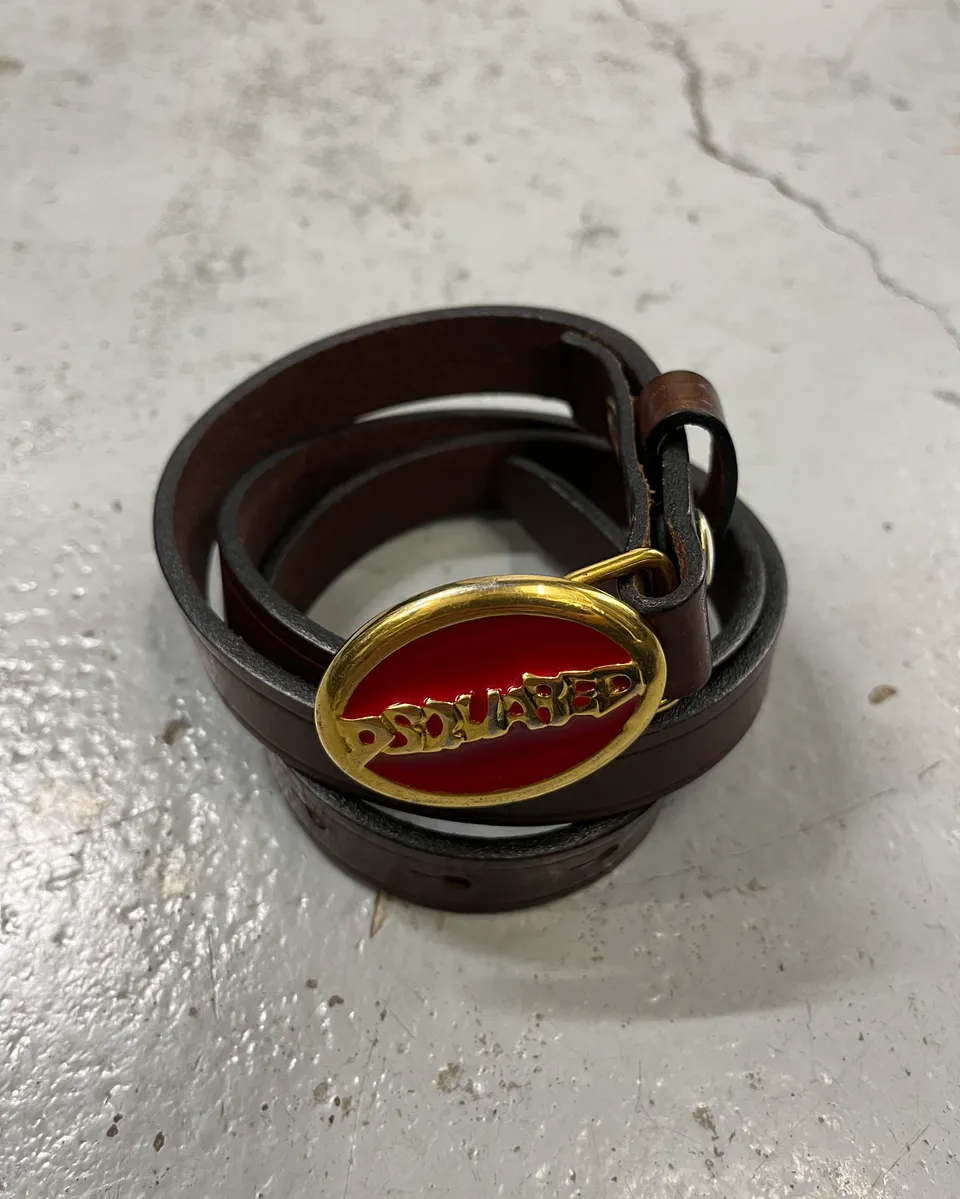 2000s Dsquared2 Brown Leather Red Oval Logo Buckle Belt - Image 4