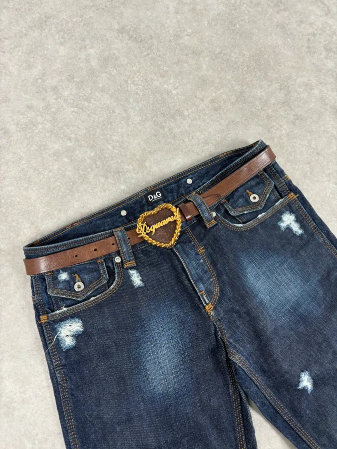 2000s Dsquared2 Gold Logo Heart Buckle Brown Leather Belt