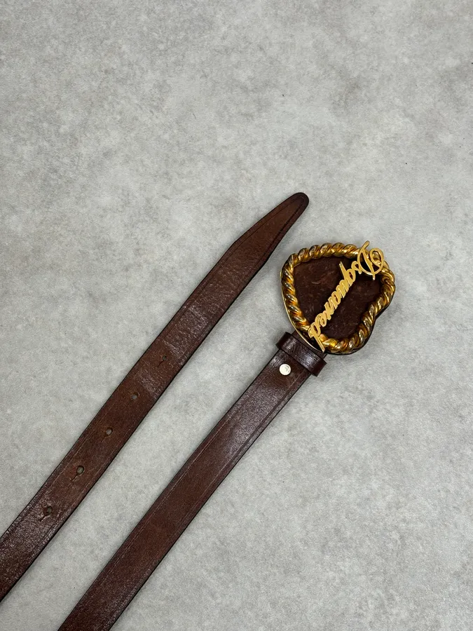 2000s Dsquared2 Gold Logo Heart Buckle Brown Leather Belt - Image 5