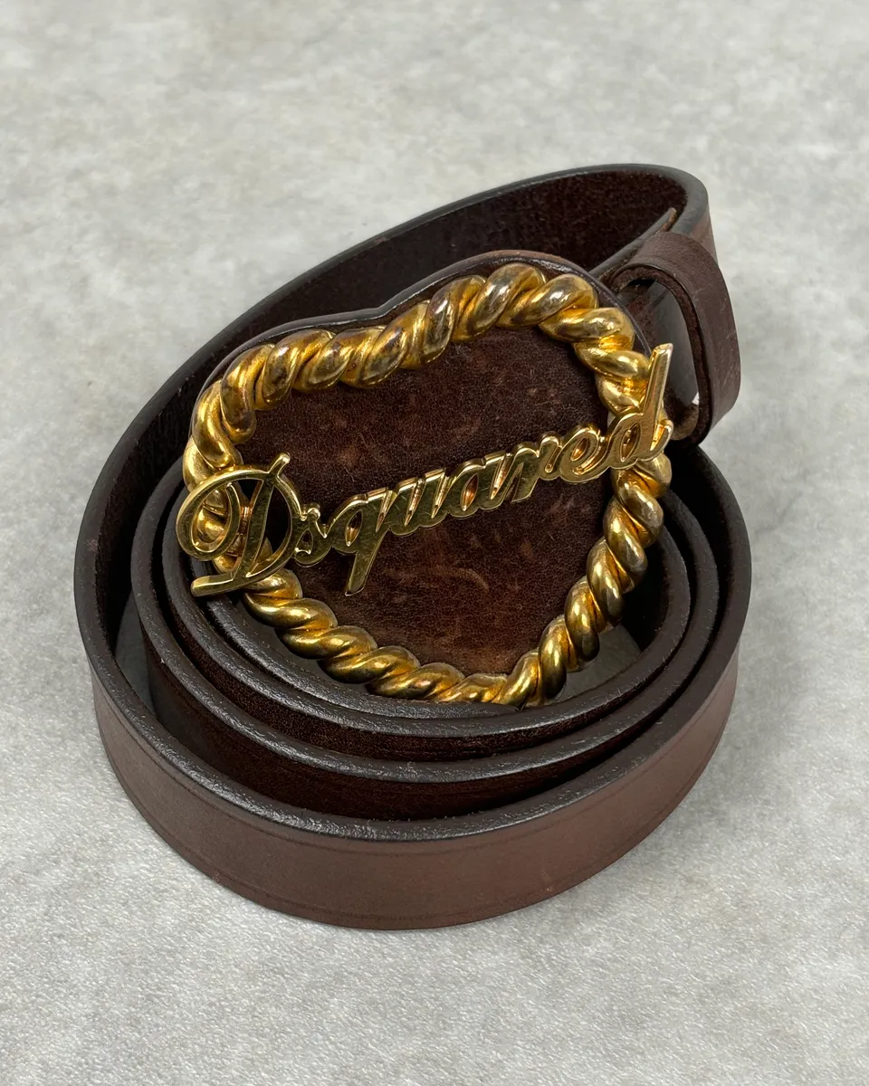2000s Dsquared2 Gold Logo Heart Buckle Brown Leather Belt - Image 7