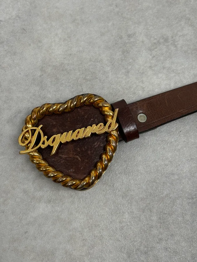 2000s Dsquared2 Gold Logo Heart Buckle Brown Leather Belt - Image 8
