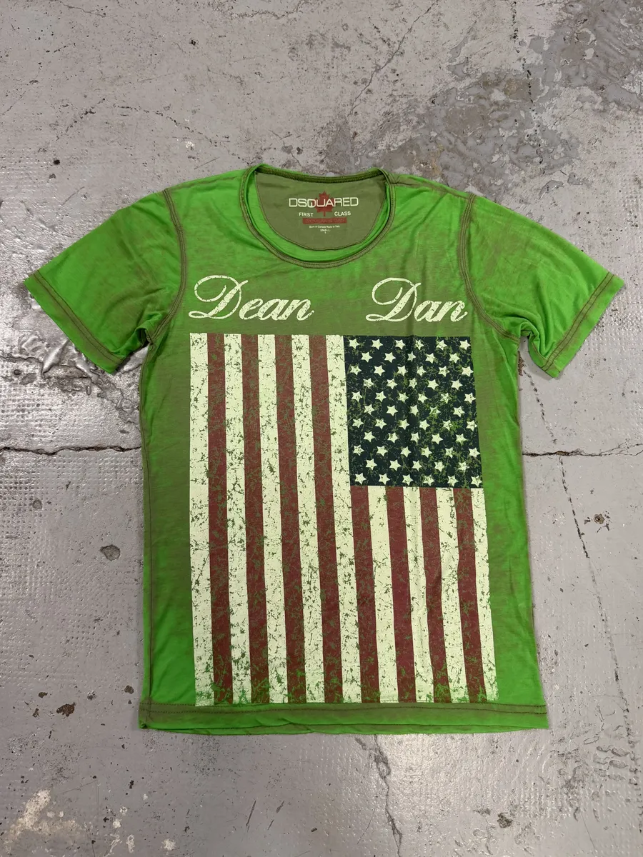 2000s Dsquared2 Green USA Flag Dean Dan T-Shirt - Image 3