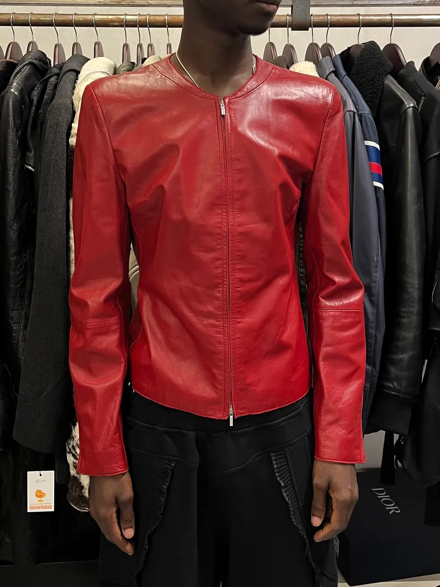 2000s Emporio Armani Biker Red Leather Jacket - Image 2