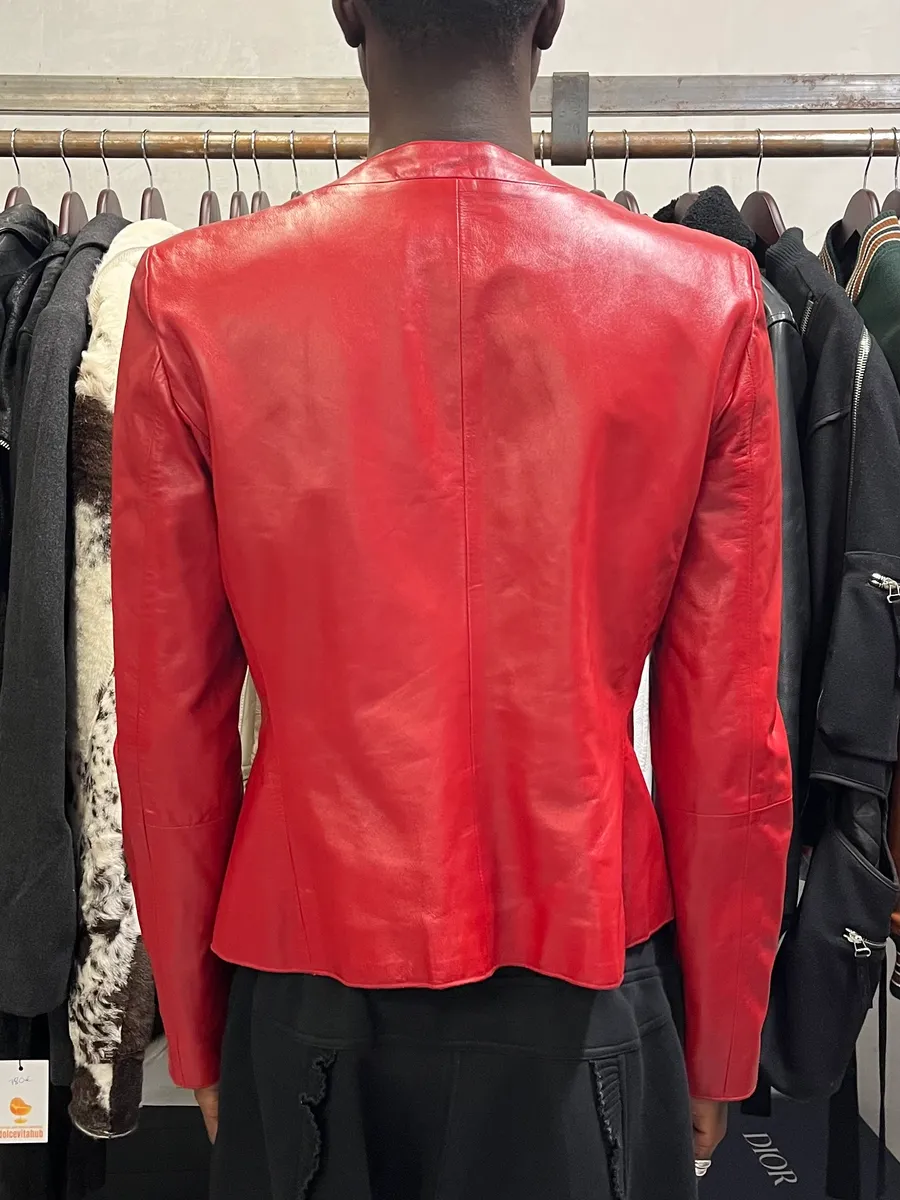 2000s Emporio Armani Biker Red Leather Jacket - Image 3