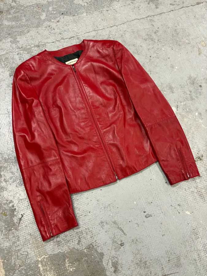 2000s Emporio Armani Biker Red Leather Jacket - Image 4
