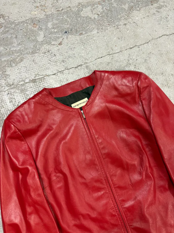 2000s Emporio Armani Biker Red Leather Jacket - Image 5