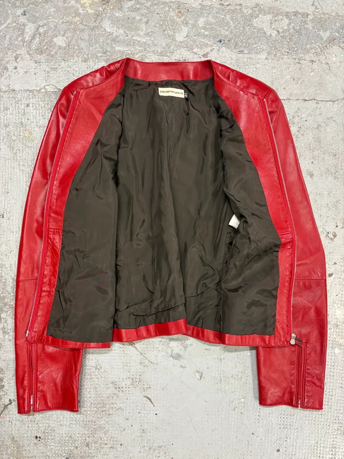 2000s Emporio Armani Biker Red Leather Jacket - Image 7