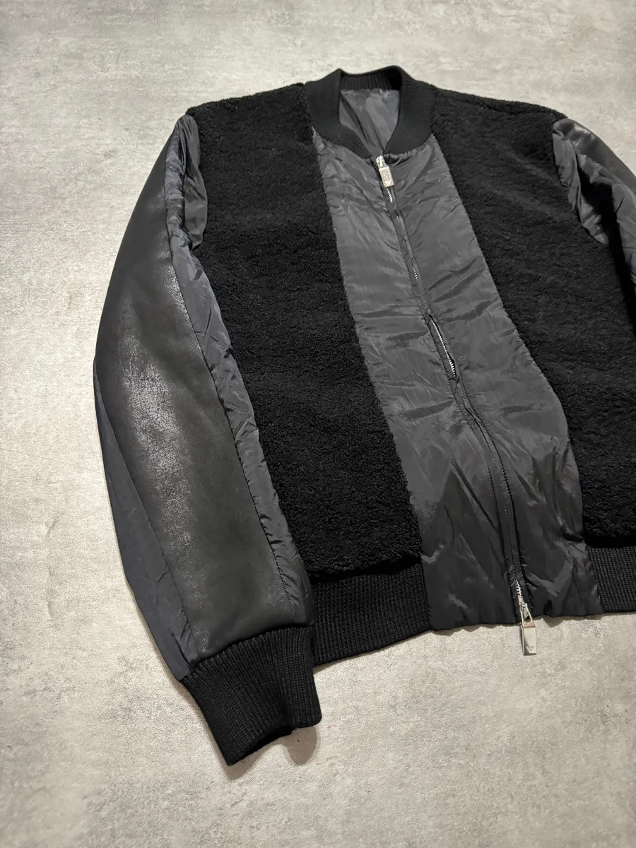 2000s Emporio Armani Black Bomber Hybride Leather Arms Jacket - Image 10