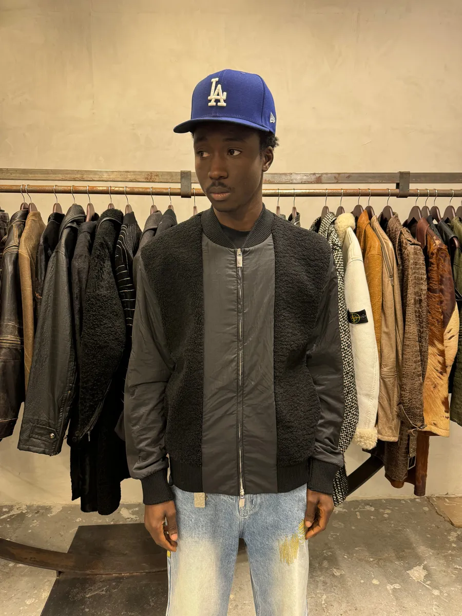 2000s Emporio Armani Black Bomber Hybride Leather Arms Jacket - Image 3