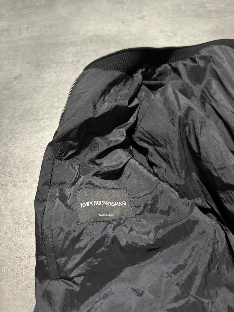 2000s Emporio Armani Black Bomber Hybride Leather Arms Jacket - Image 7