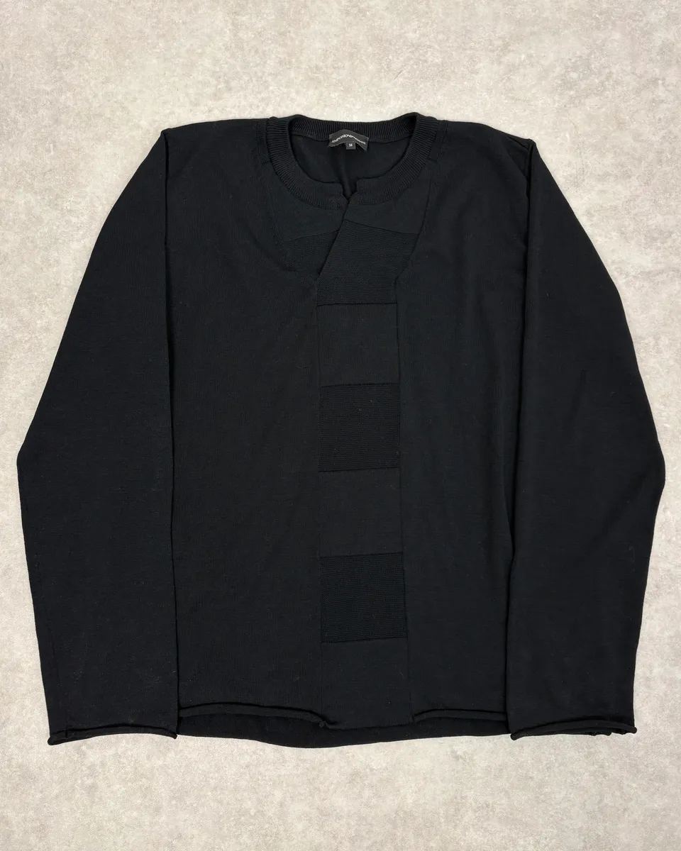 2000s Emporio Armani Black Patchwork V-Neck Wool Sweater - Image 3