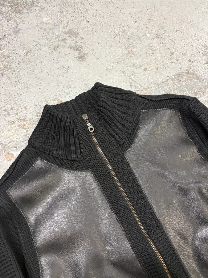 2000s Emporio Armani Black Wool Leather Hybrid Jacket - Image 5