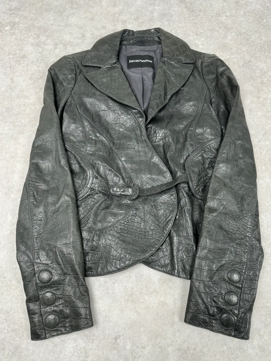 2000s Emporio Armani Crocodile Embossed Grey Leather Jacket