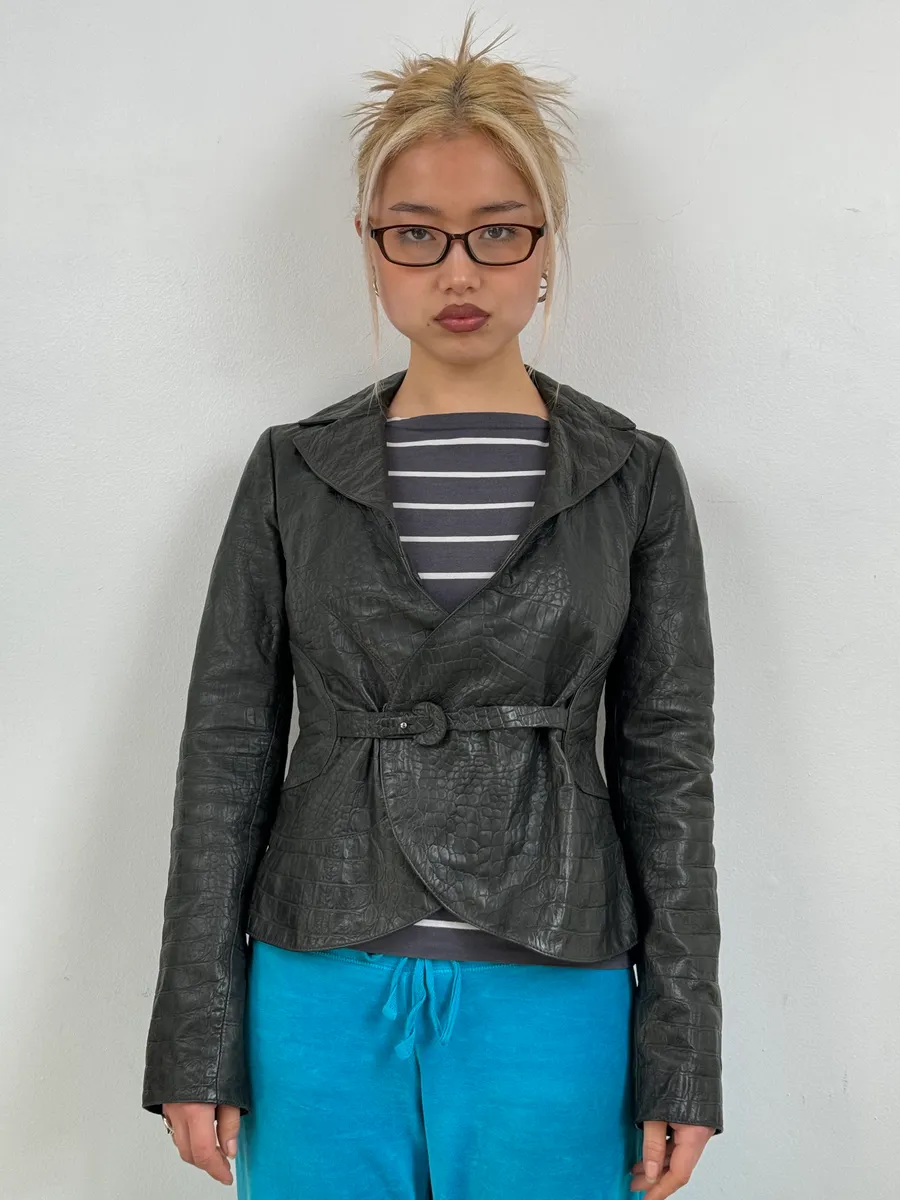 2000s Emporio Armani Crocodile Embossed Grey Leather Jacket - Image 2