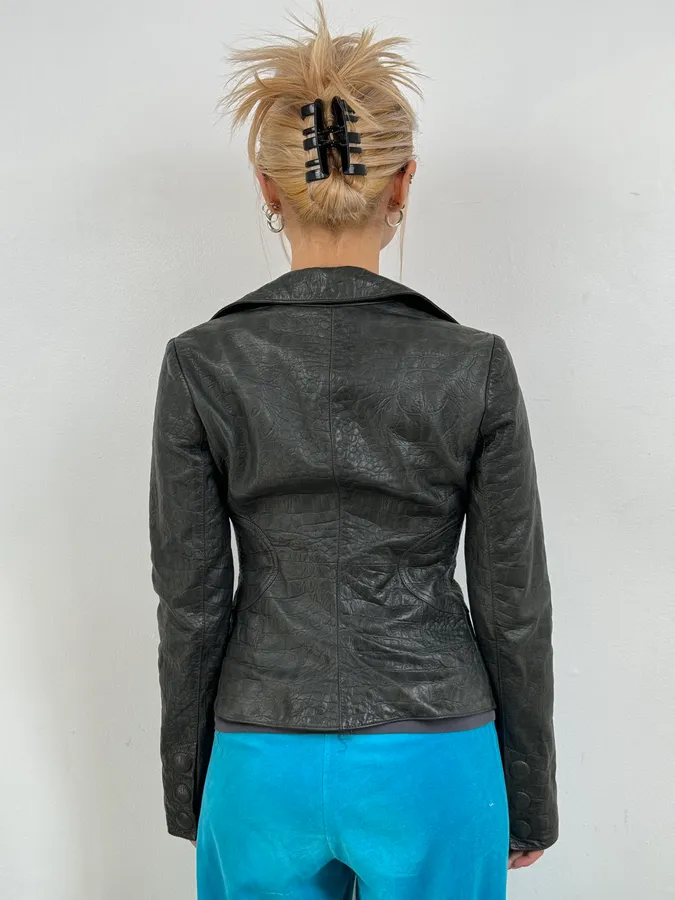 2000s Emporio Armani Crocodile Embossed Grey Leather Jacket - Image 3