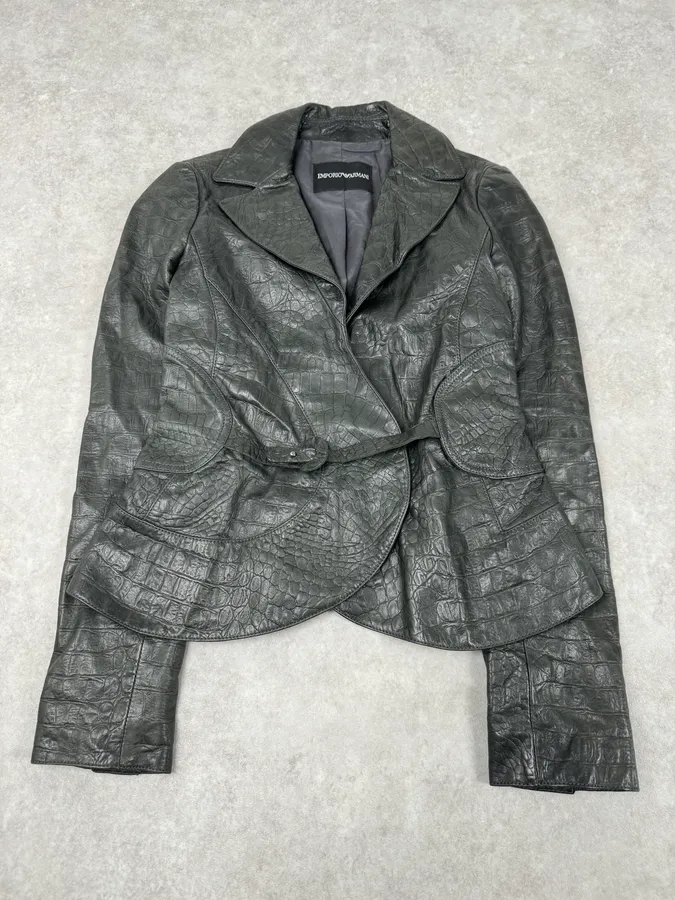 2000s Emporio Armani Crocodile Embossed Grey Leather Jacket - Image 4