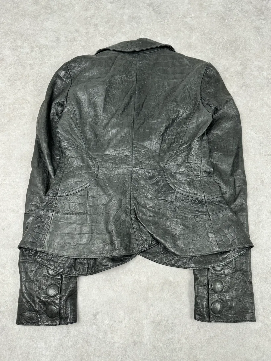 2000s Emporio Armani Crocodile Embossed Grey Leather Jacket - Image 7