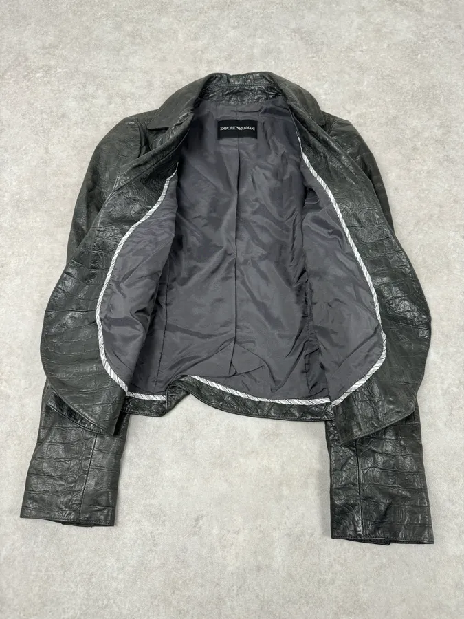 2000s Emporio Armani Crocodile Embossed Grey Leather Jacket - Image 8
