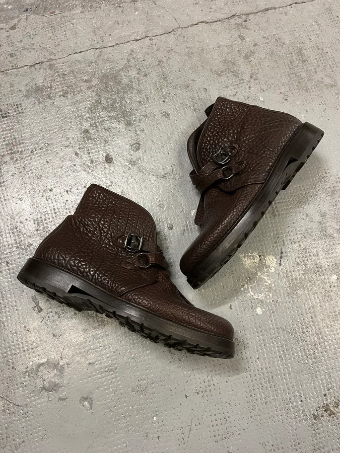 2000s Emporio Armani Grained Brown Leather Straps Boots - Image 4