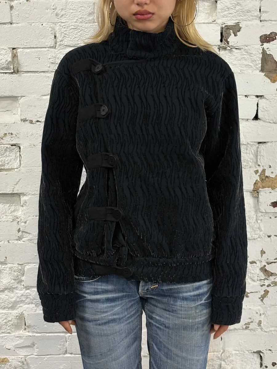 2000s Emporio Armani Navy Velvet Asymmetrical Imperial Jacket - Image 2