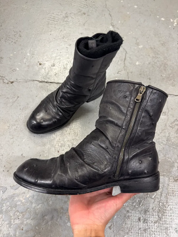 2000s Emporio Armani Ostrich Embossed Black Leather Boots - Image 3