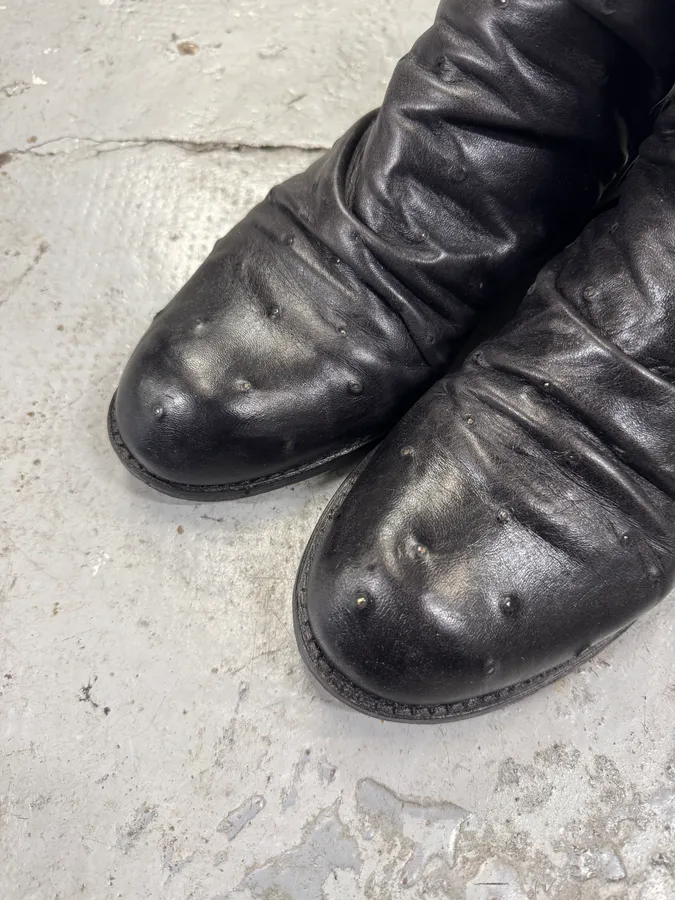 2000s Emporio Armani Ostrich Embossed Black Leather Boots - Image 4