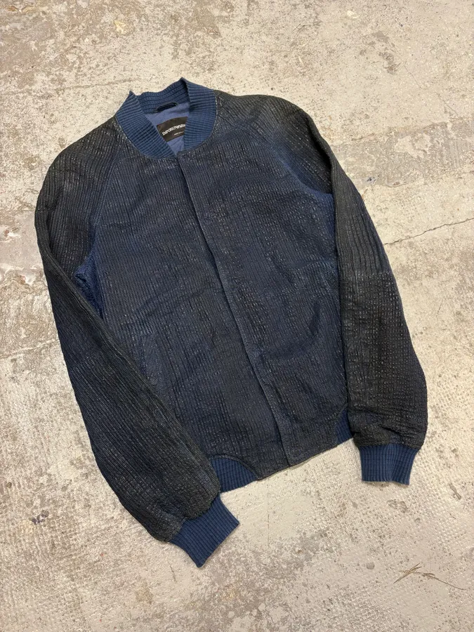 2000s Emporio Armani Perforated Navy Leather Bomber Jacket - Image 4